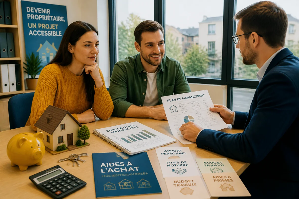 Couple préparant son premier achat immobilier avec un conseiller et des documents sur le prêt accession et aides à l’achat.