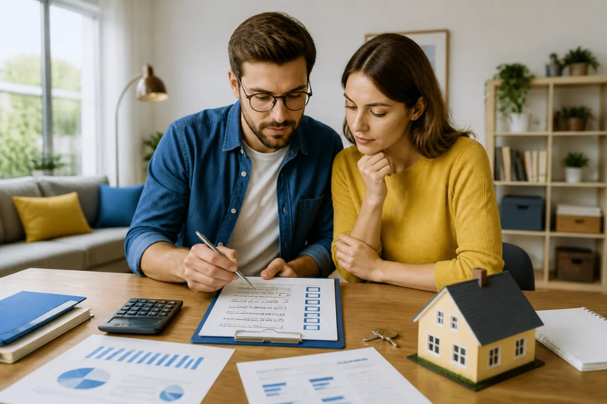 Jeune couple préparant son premier achat immobilier avec checklist, dossier de prêt, calculatrice et maquette de maison.