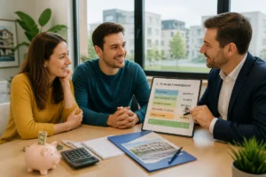 Jeune couple étudiant un projet de premier achat immobilier avec un conseiller, un prêt et une épargne préservée