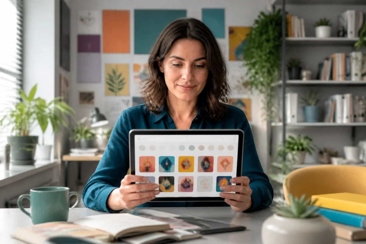 Personne consultant une tablette présentant une sélection de contenus thématiques, dans un espace de travail contemporain et coloré lié à Pride Avenue