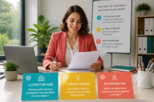 Jeune professionnelle rédigeant une lettre de motivation efficace autour de trois questions clés, dans un bureau moderne et lumineux