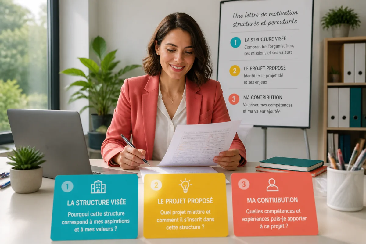 Jeune professionnelle rédigeant une lettre de motivation efficace autour de trois questions clés, dans un bureau moderne et lumineux