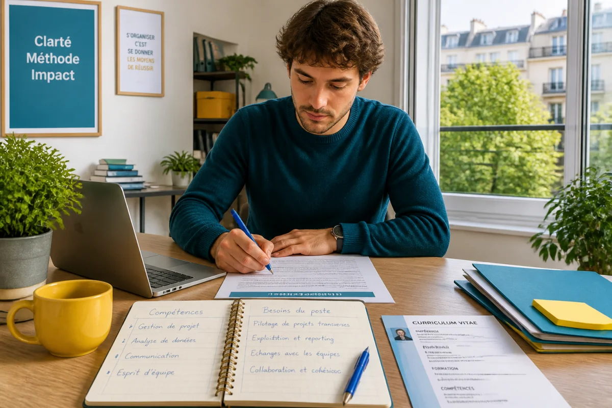 Jeune candidat rédigeant une lettre de motivation structurée, reliant ses compétences aux besoins d’un poste précis.