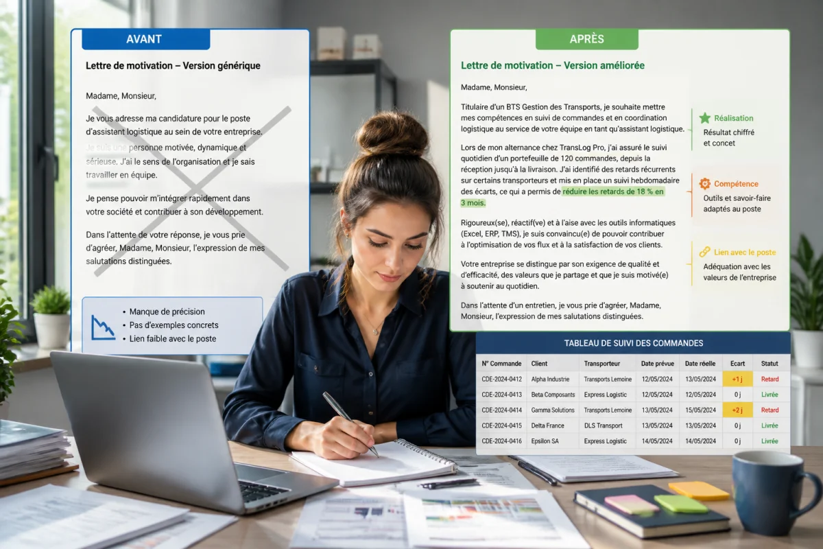 Candidate rédigeant une lettre de motivation efficace, comparant une version générique à un exemple détaillé pour assistant logistique.
