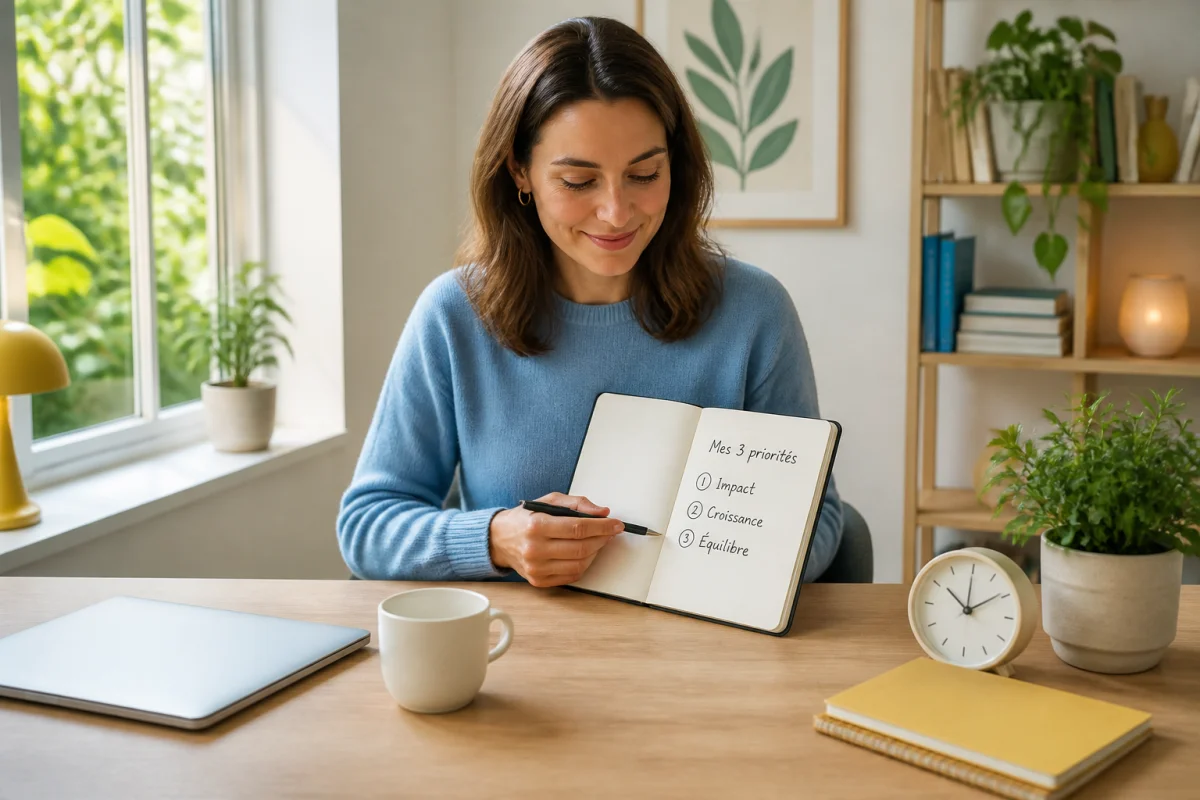 Personne sereine organisant une routine productive autour de trois priorités dans un bureau lumineux et épuré.