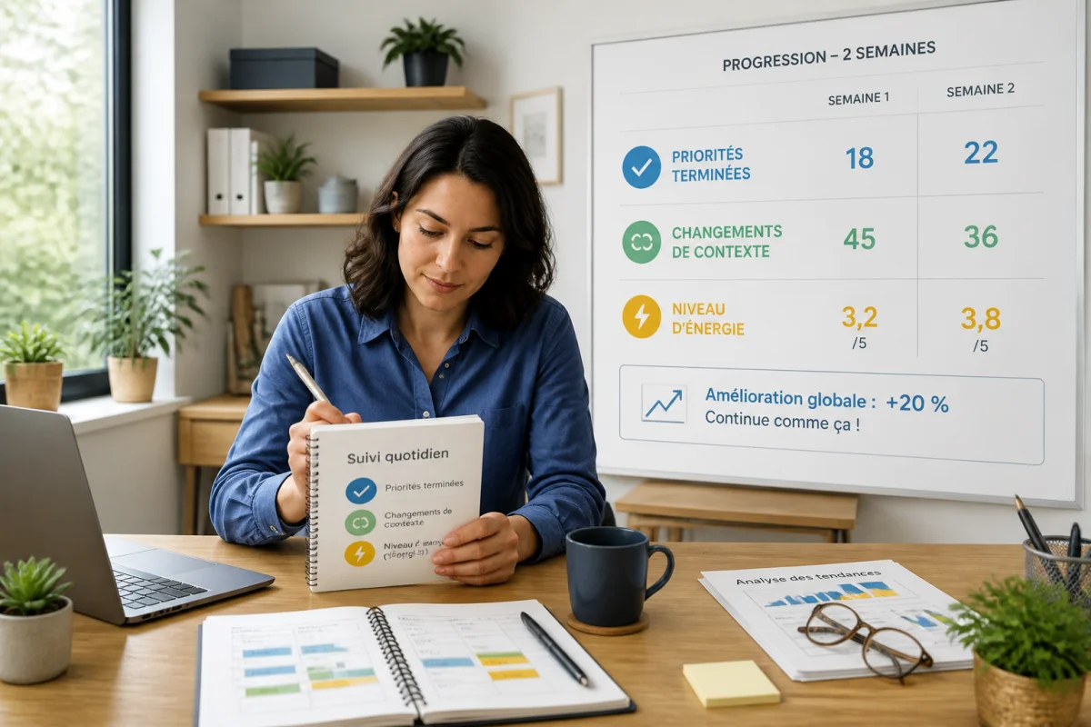 Professionnelle organisant une routine productive avec carnet de suivi, priorités, énergie et indicateurs de progression au bureau