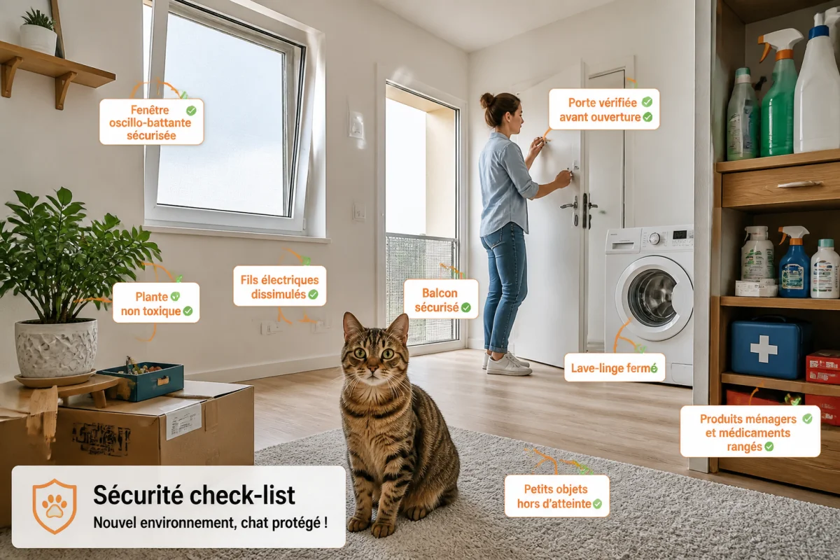 Chat vigilant dans une pièce refuge sécurisée, avec fenêtre protégée, porte contrôlée et cartons de déménagement.