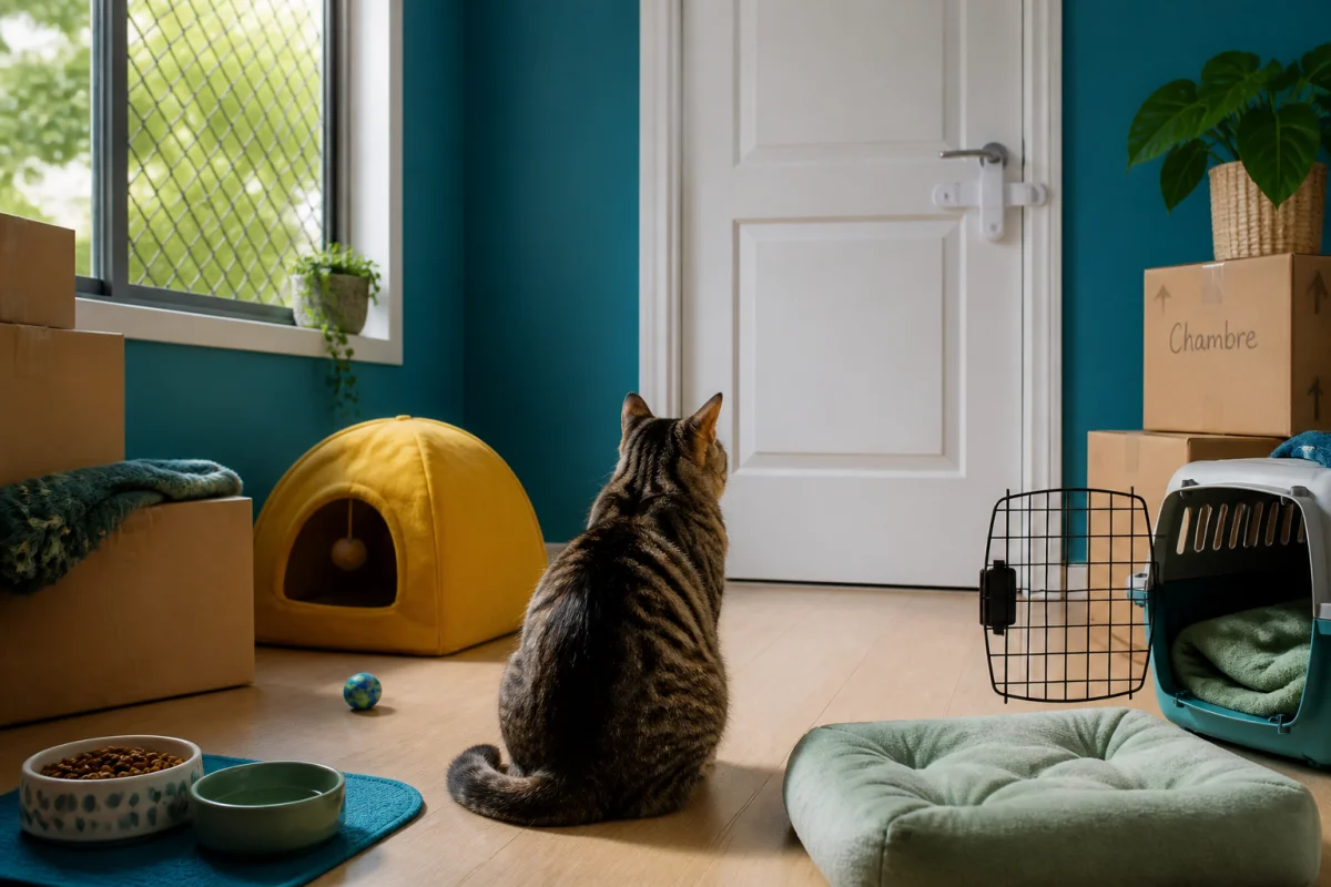 Chat attentif dans un logement sécurisé après déménagement, porte verrouillée, fenêtres protégées et espace d’acclimatation confortable