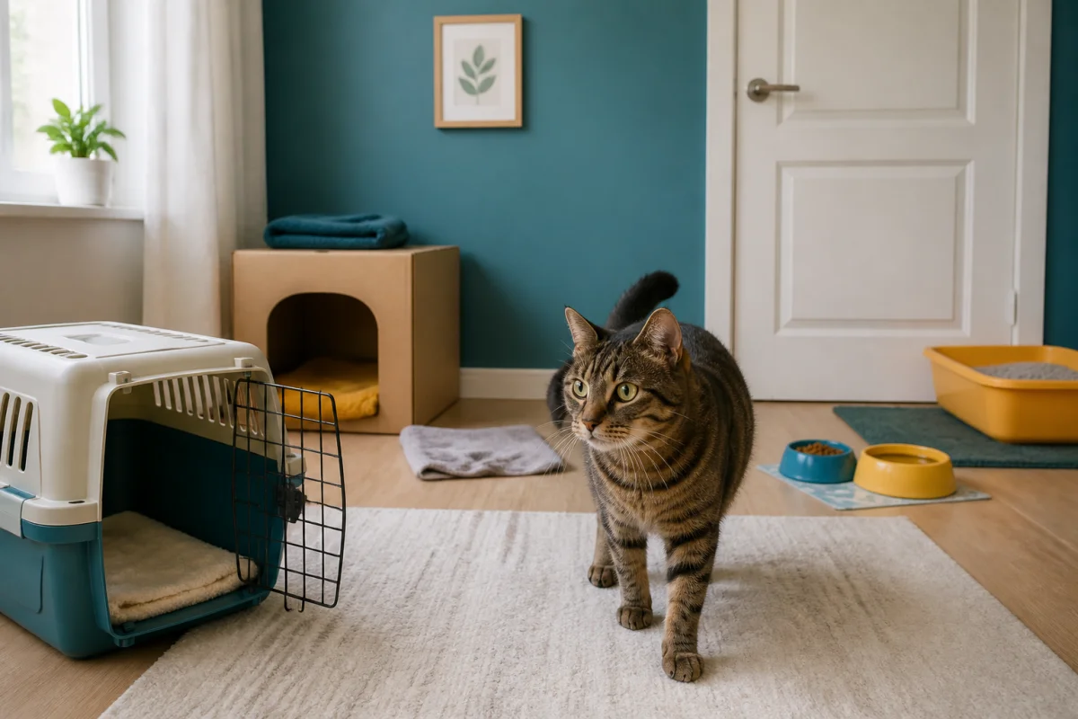 Chat explorant prudemment une pièce refuge sécurisée après un déménagement, avec caisse de transport ouverte, litière, gamelles et cachette.