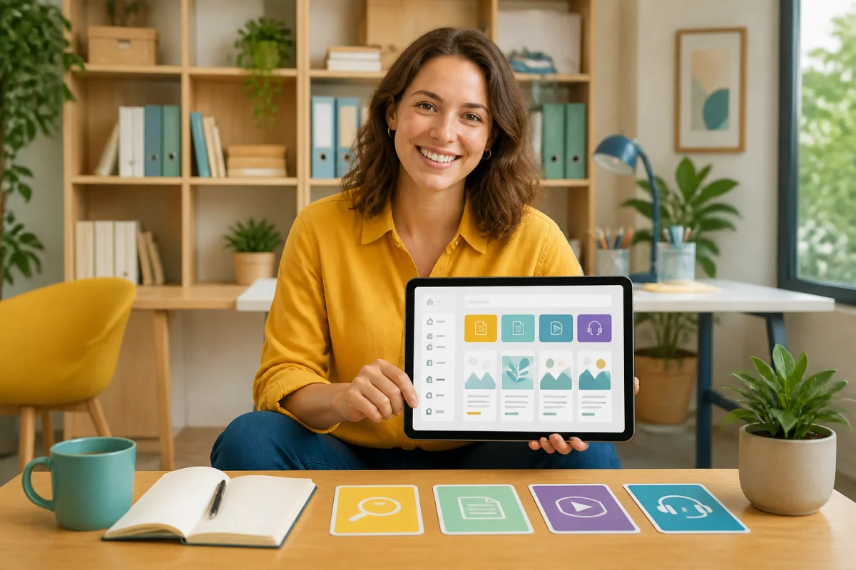 Jeune adulte consultant Swiris sur une tablette, avec des ressources numériques organisées dans un espace de travail lumineux
