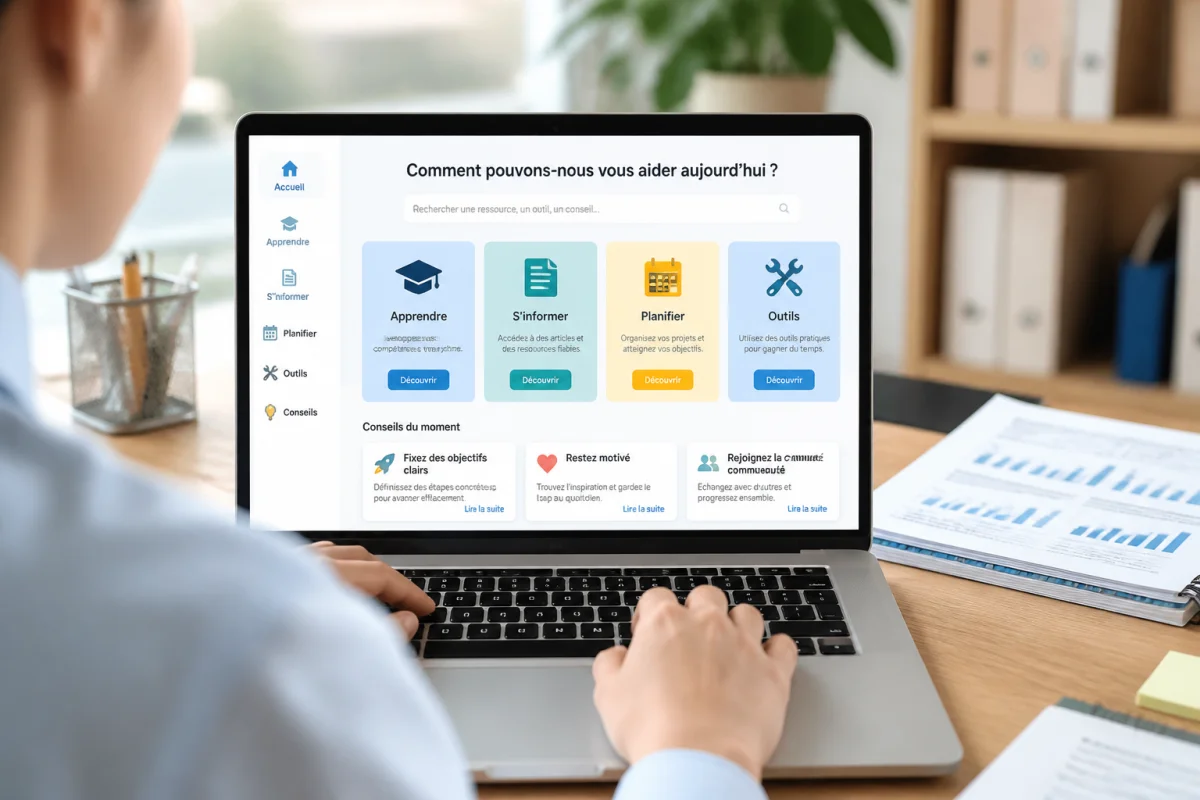 Personne consultant Swiris, une interface claire regroupant ressources, apprentissage, recherche et planification sur un ordinateur portable