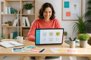 Personne souriante consultant des ressources organisées sur un ordinateur portable dans un espace de travail lumineux_超碰